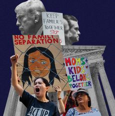 Protesters stand in front of a courthouse holding colorful signs that read &ldquo;No Family Separations,&rdquo; &ldquo;Keep Families Together Stop,&rdquo; and &ldquo;Moms + Kids Belong Together.&rdquo; Behind them are black-and-white cutouts of Donald Trump above the courthouse columns.