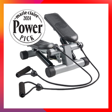 Sunny health stepper on red, purple, orange gradient background, with 2024 power pink stamp